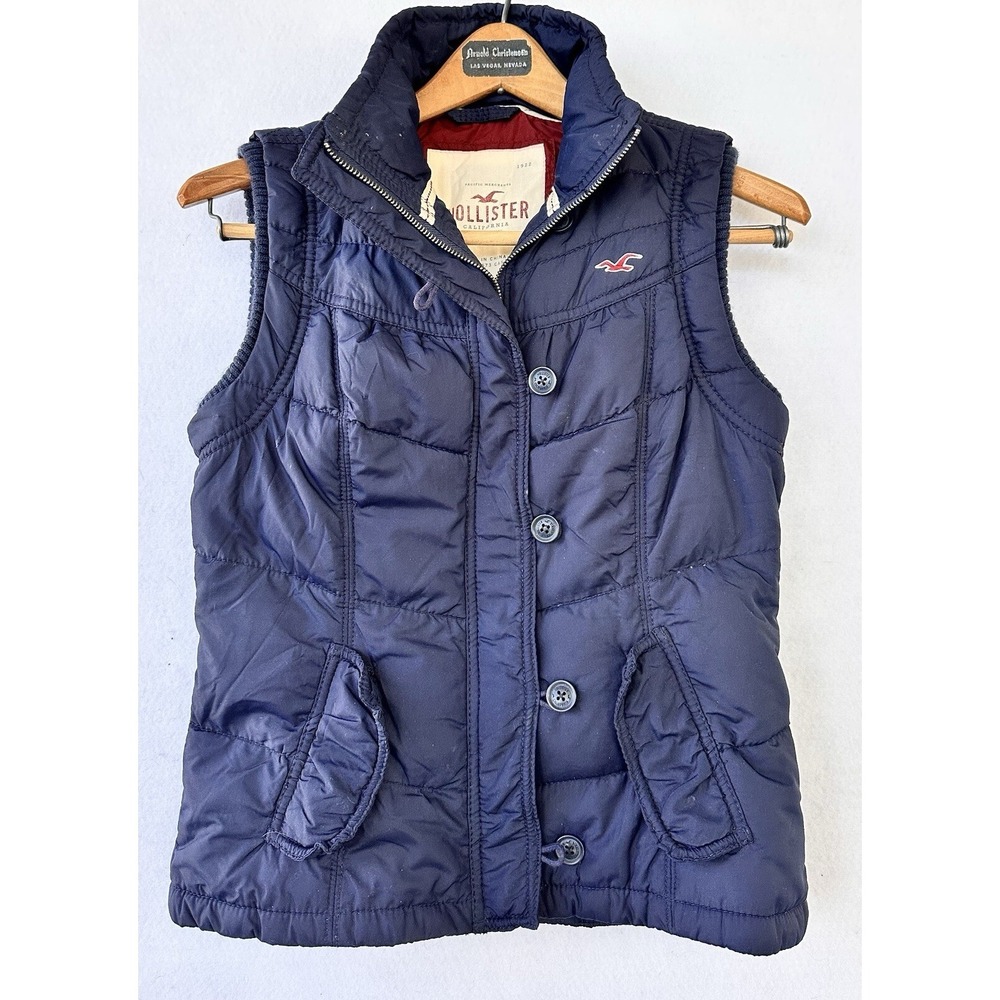 Hollister Blue Puffer Vest Down Blend Logo Buttons Women's M